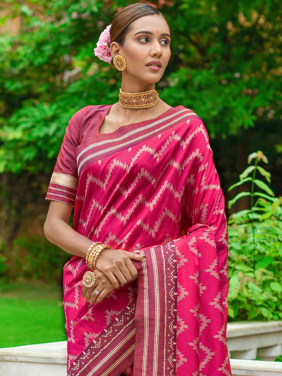 Pink Handloom Raw Silk Printed Casual Festival Contemporary Saree