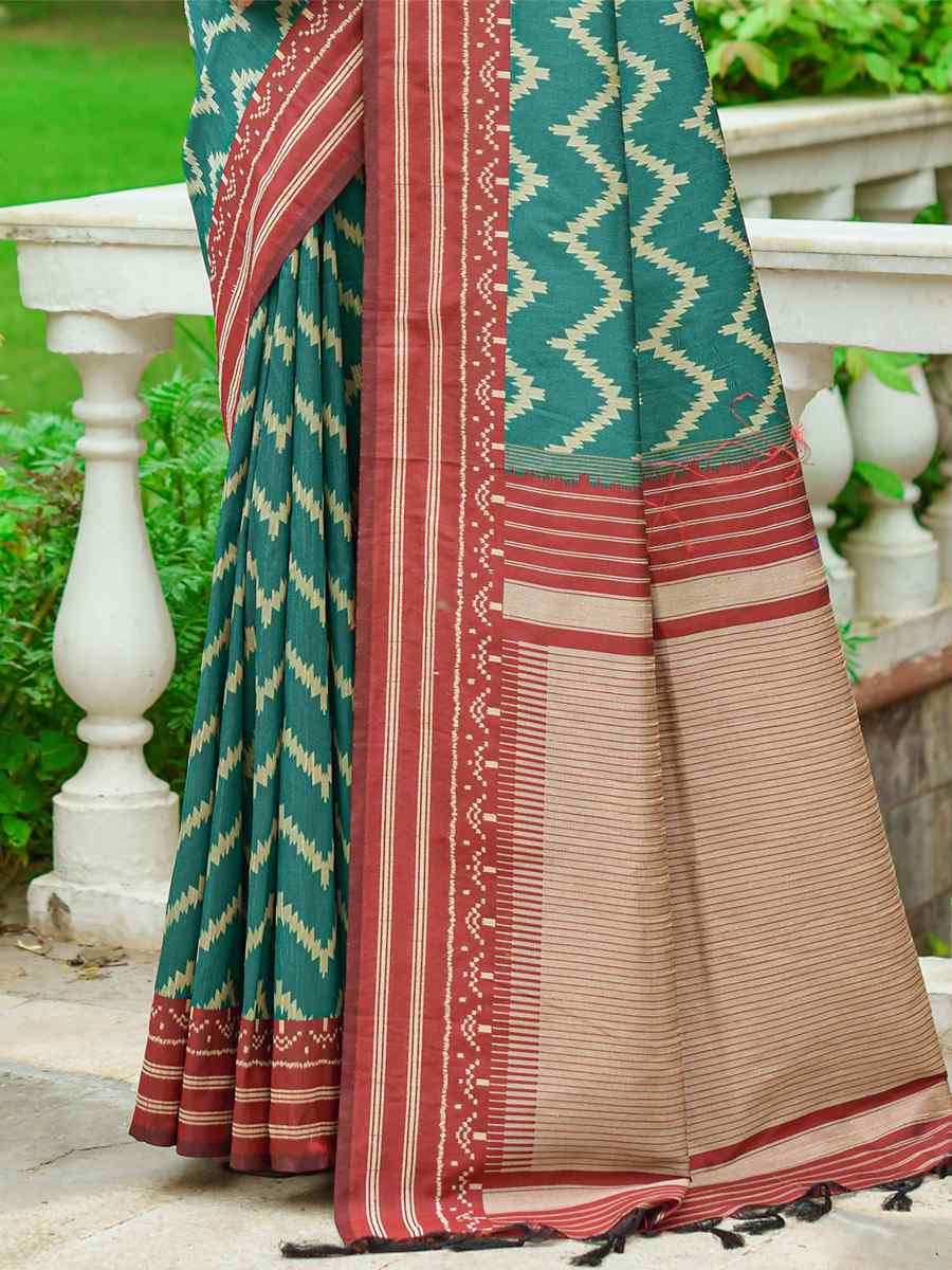 Teal Handloom Raw Silk Printed Casual Festival Contemporary Saree