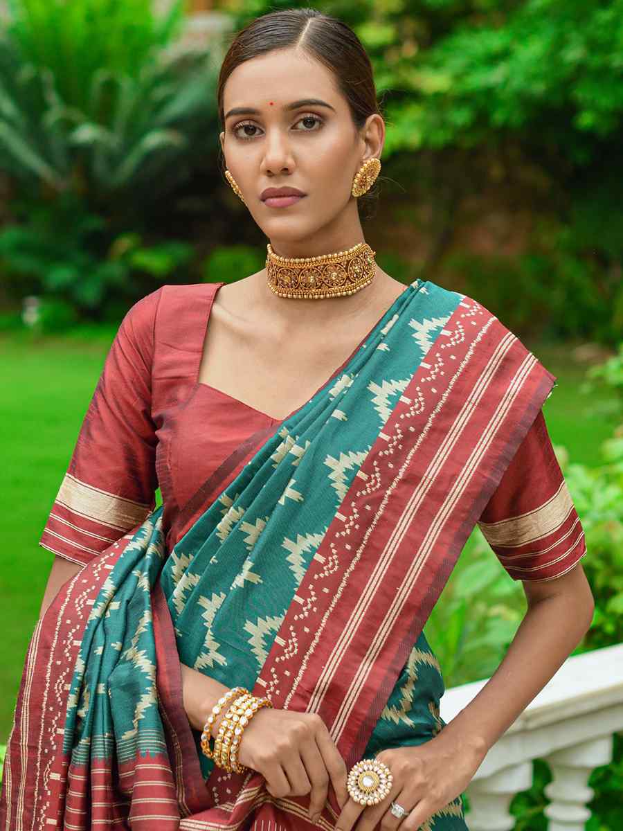 Teal Handloom Raw Silk Printed Casual Festival Contemporary Saree