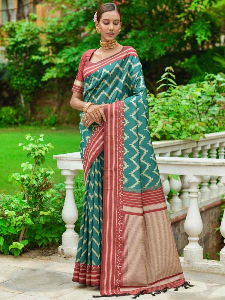 Teal Handloom Raw Silk Printed Casual Festival Contemporary Saree