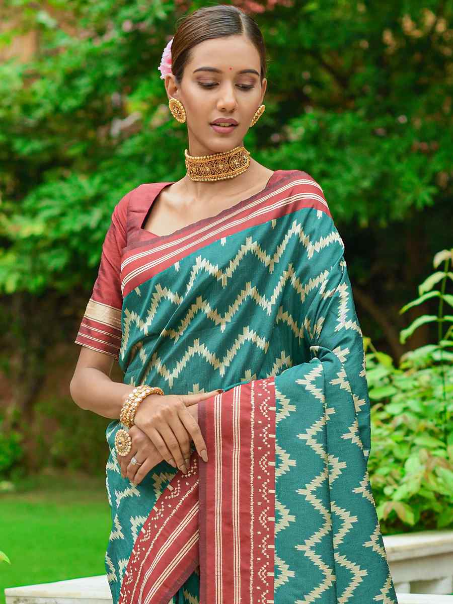 Teal Handloom Raw Silk Printed Casual Festival Contemporary Saree