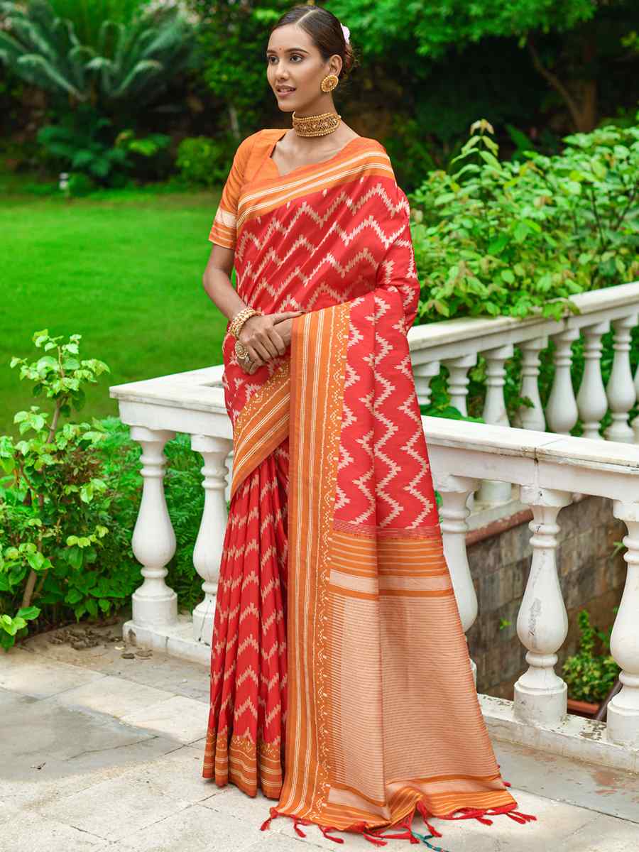 Red Handloom Raw Silk Printed Casual Festival Contemporary Saree