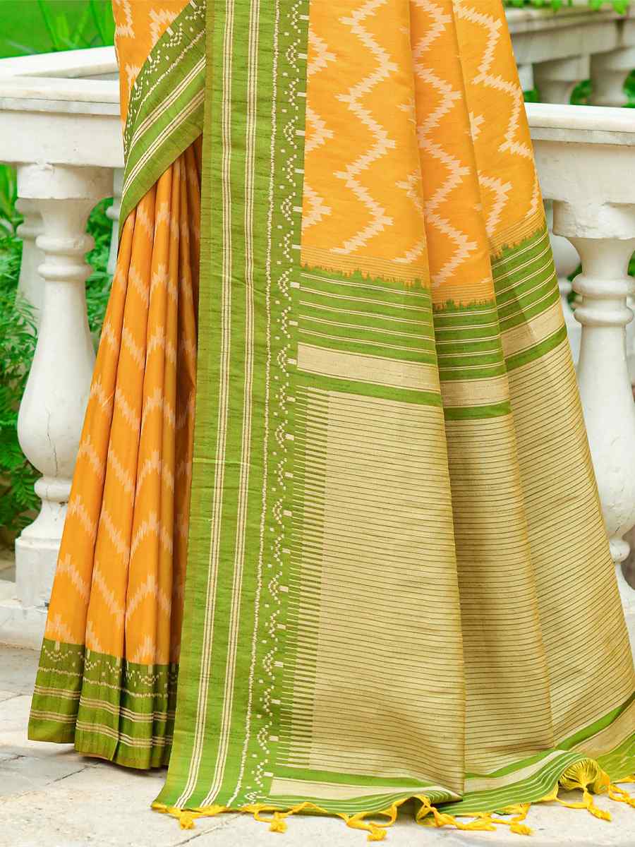 Yellow Handloom Raw Silk Printed Casual Festival Contemporary Saree