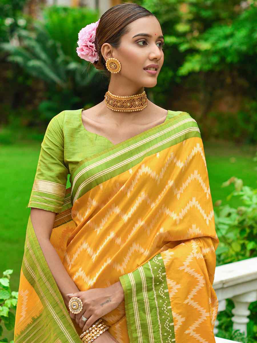 Yellow Handloom Raw Silk Printed Casual Festival Contemporary Saree