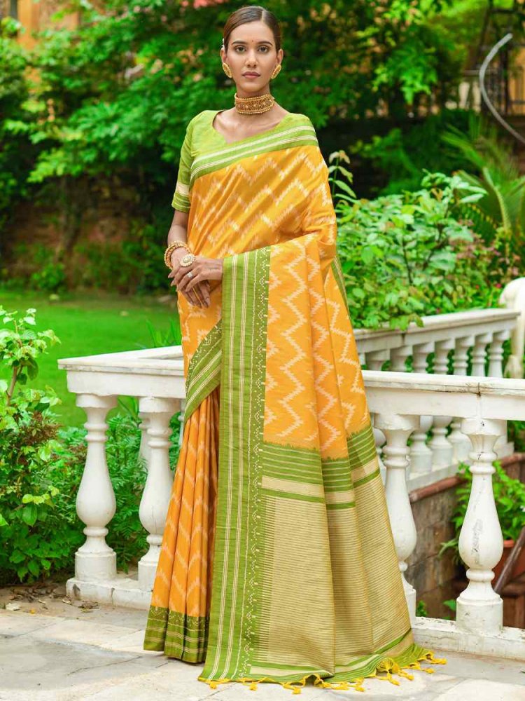 Yellow Handloom Raw Silk Printed Casual Festival Contemporary Saree