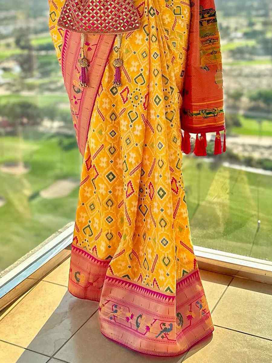 Yellow Patola Silk Handwoven Wedding Festival Heavy Border Saree