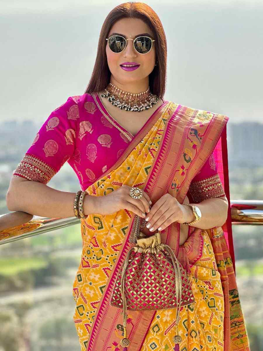 Yellow Patola Silk Handwoven Wedding Festival Heavy Border Saree