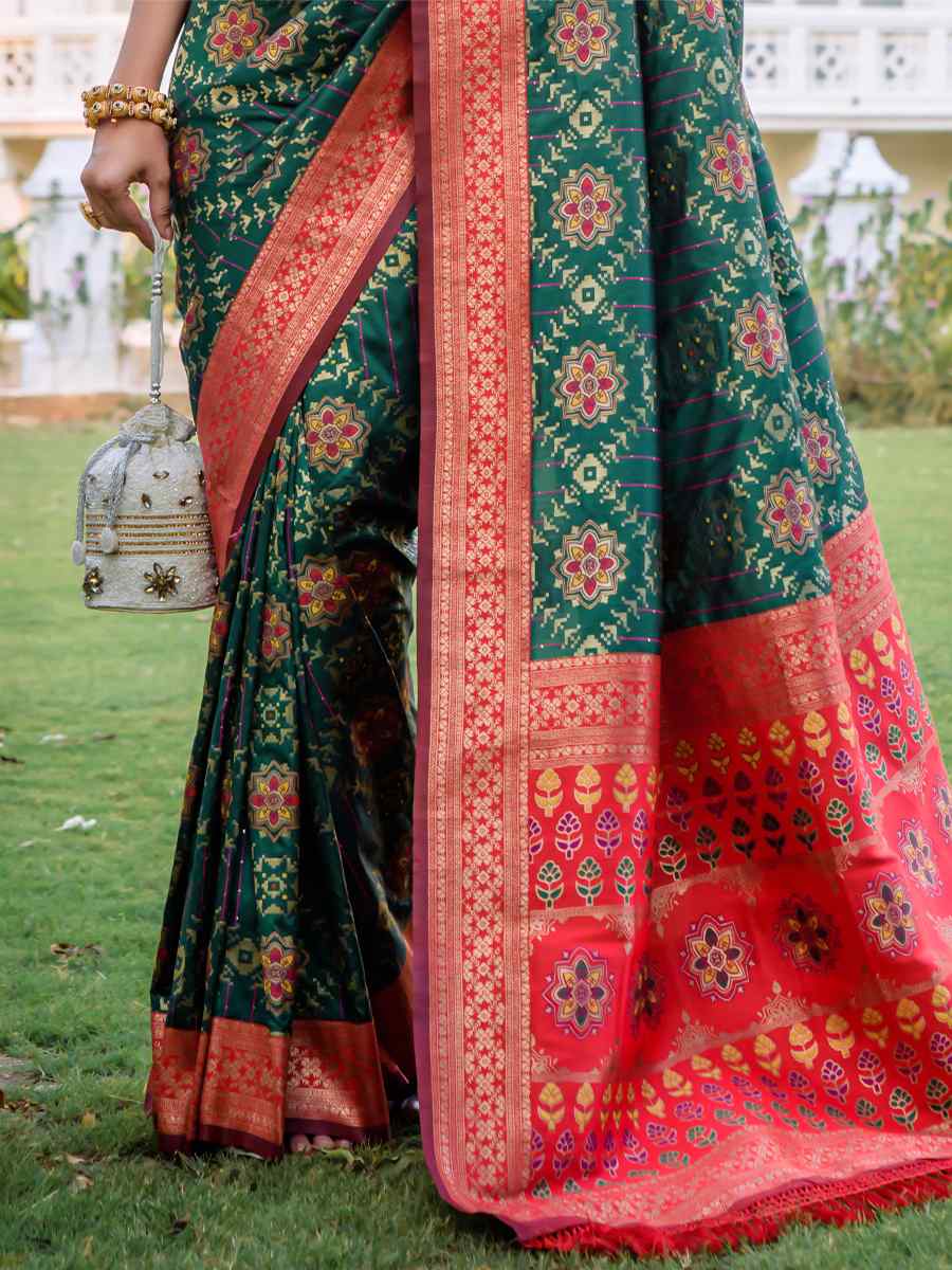 Bottle Green Banarasi Silk Handwoven Wedding Festival Heavy Border Saree