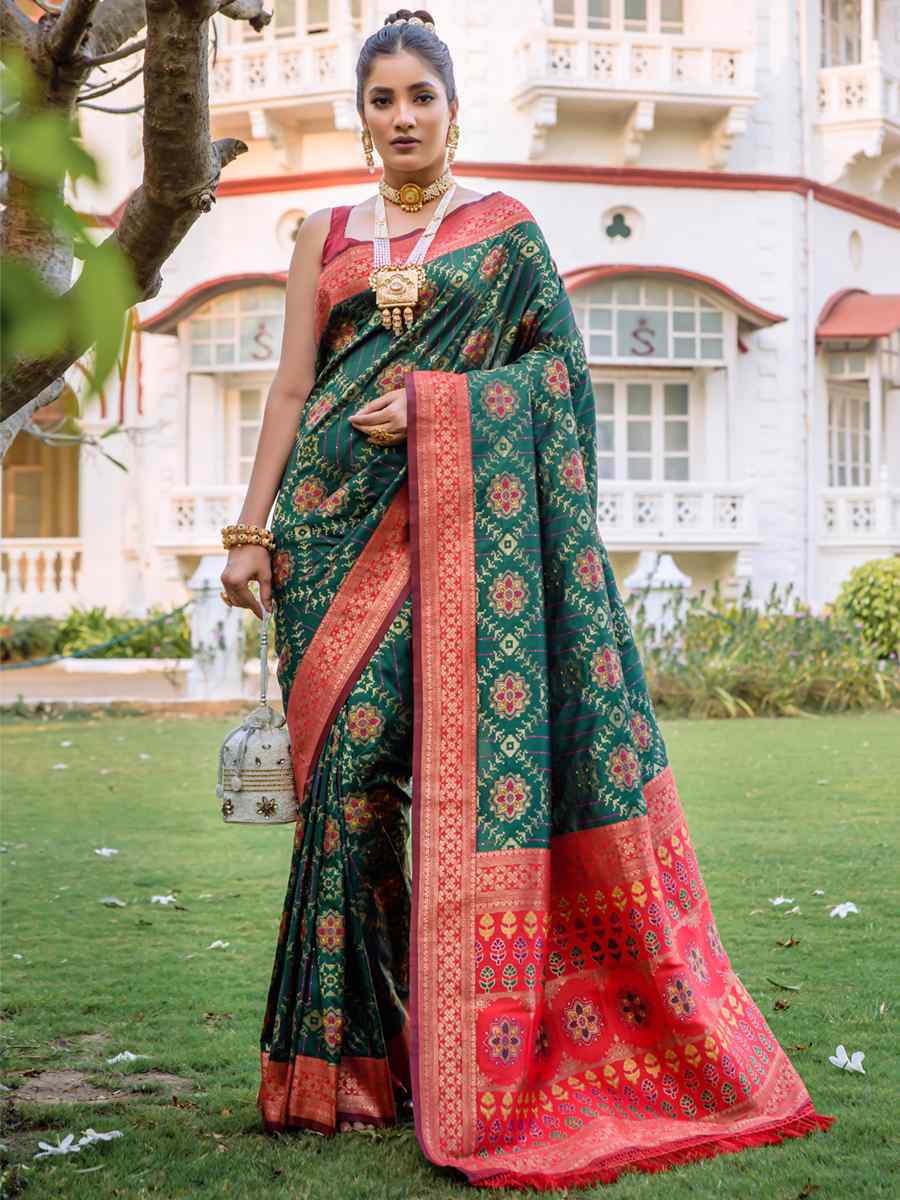 Bottle Green Banarasi Silk Handwoven Wedding Festival Heavy Border Saree