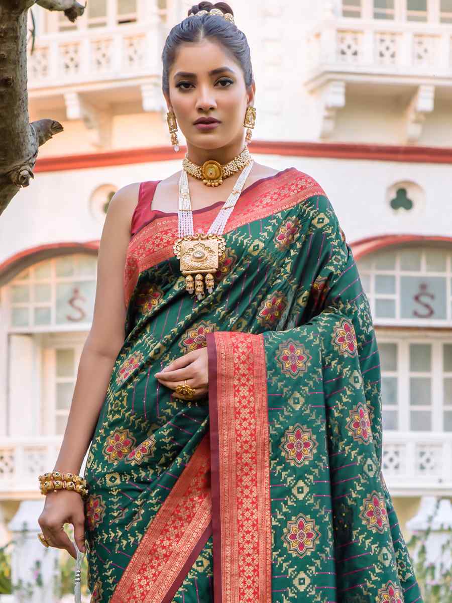 Bottle Green Banarasi Silk Handwoven Wedding Festival Heavy Border Saree