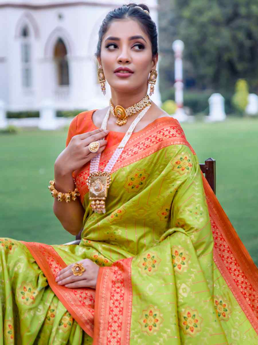 Lime Green Banarasi Silk Handwoven Wedding Festival Heavy Border Saree