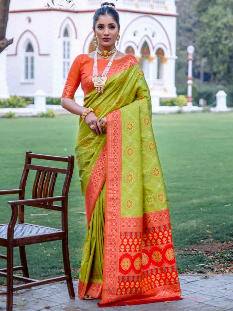 Lime Green Banarasi Silk Handwoven Wedding Festival Heavy Border Saree