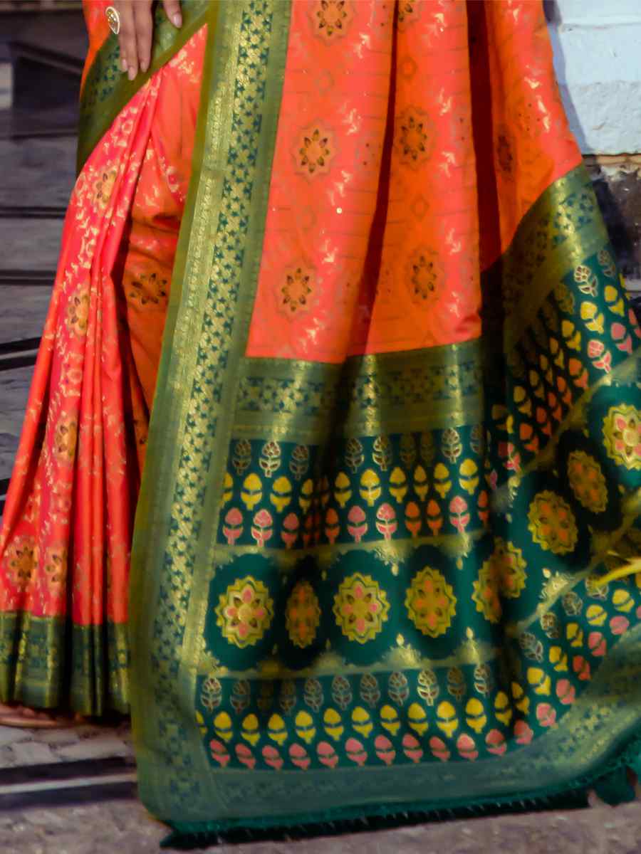 Orange Banarasi Silk Handwoven Wedding Festival Heavy Border Saree