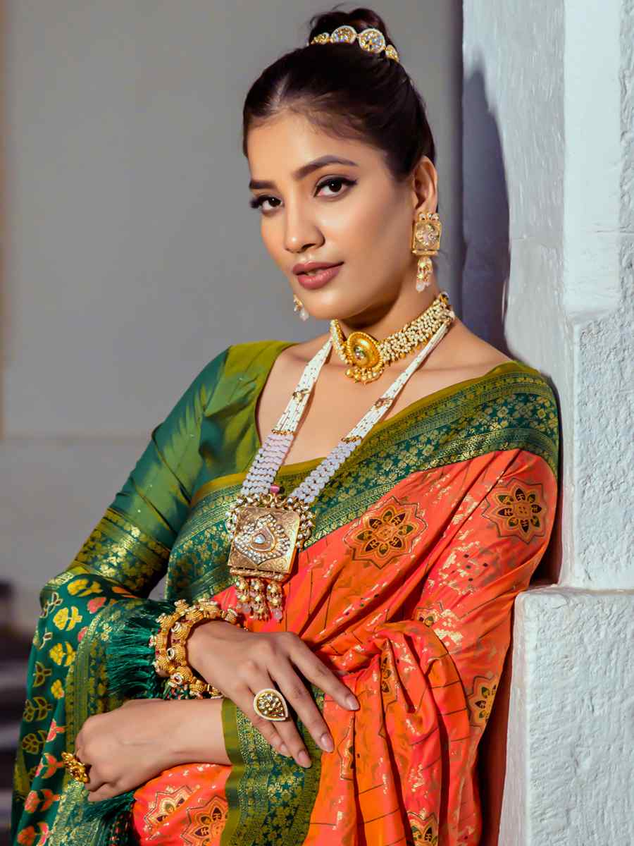 Orange Banarasi Silk Handwoven Wedding Festival Heavy Border Saree