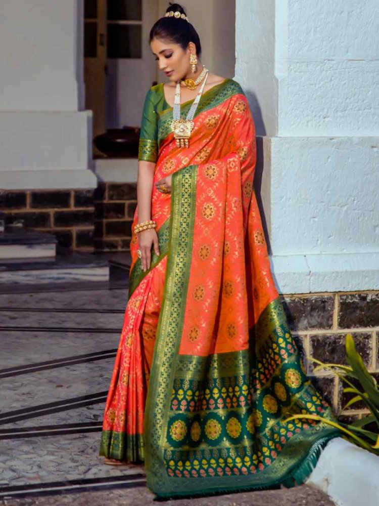 Orange Banarasi Silk Handwoven Wedding Festival Heavy Border Saree