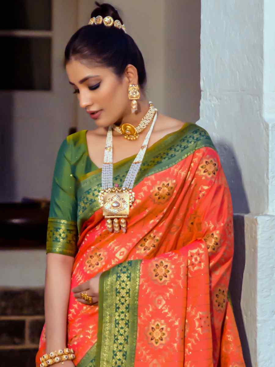 Orange Banarasi Silk Handwoven Wedding Festival Heavy Border Saree