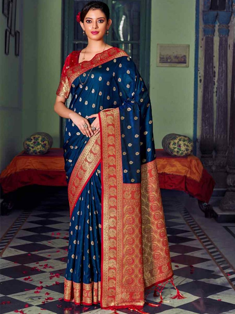 Navy Blue Banarasi Silk Handwoven Wedding Festival Heavy Border Saree