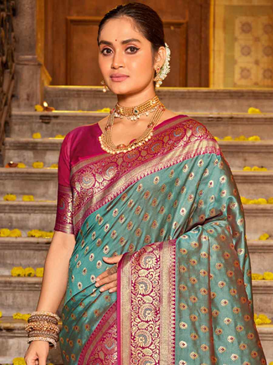 Sea Green Banarasi Silk Handwoven Wedding Festival Heavy Border Saree