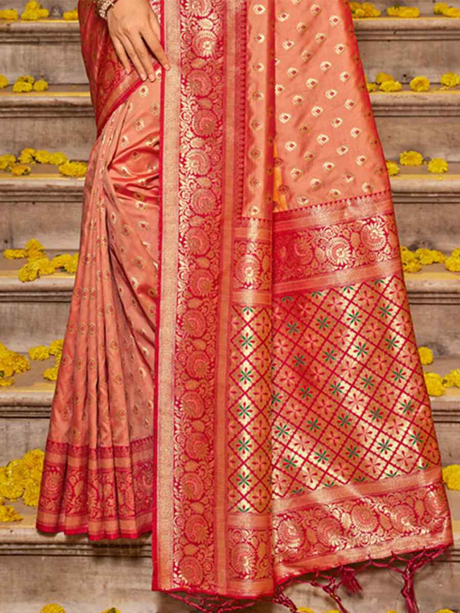 Peach Banarasi Silk Handwoven Wedding Festival Heavy Border Saree