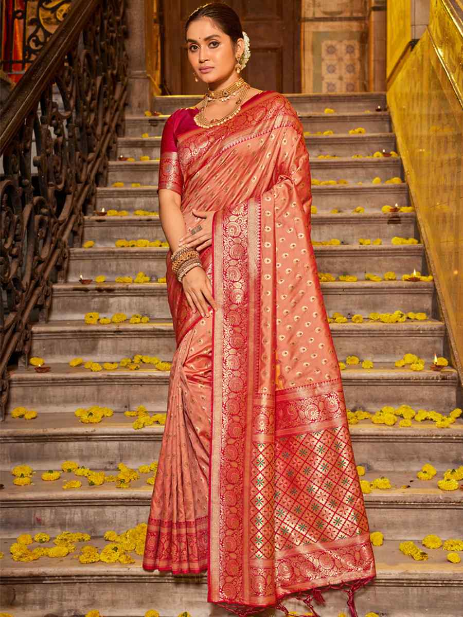 Peach Banarasi Silk Handwoven Wedding Festival Heavy Border Saree