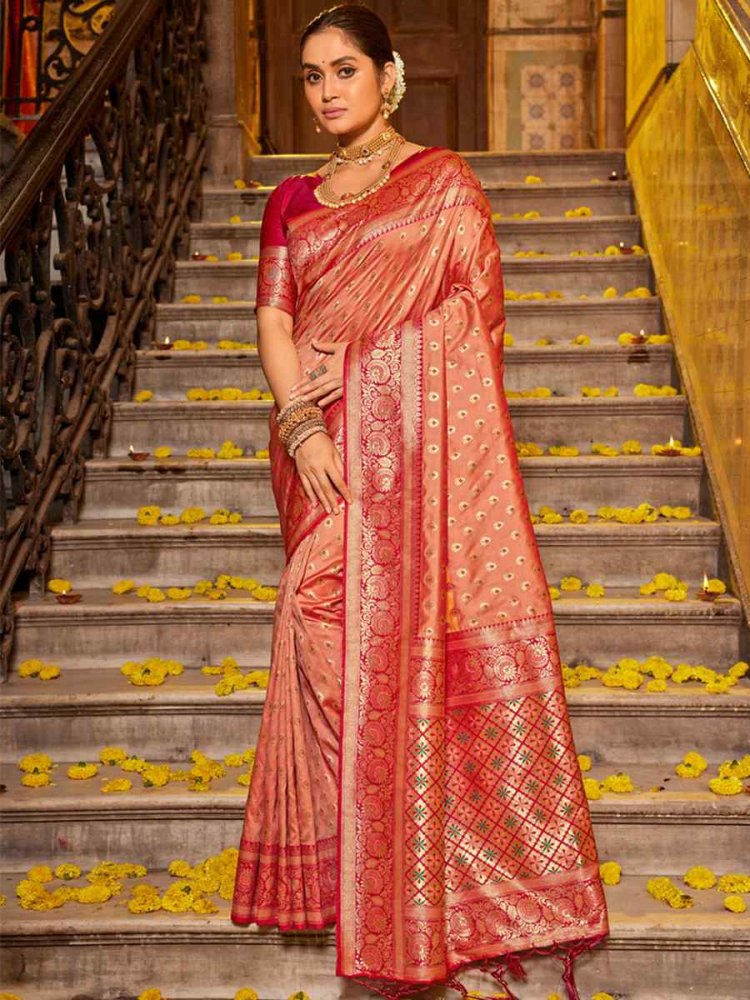 Peach Banarasi Silk Handwoven Wedding Festival Heavy Border Saree