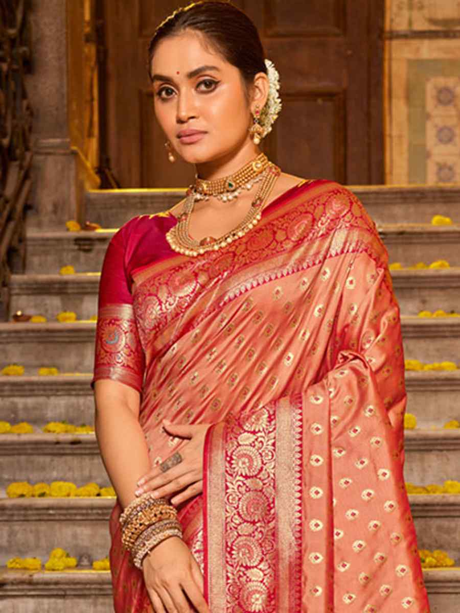 Peach Banarasi Silk Handwoven Wedding Festival Heavy Border Saree