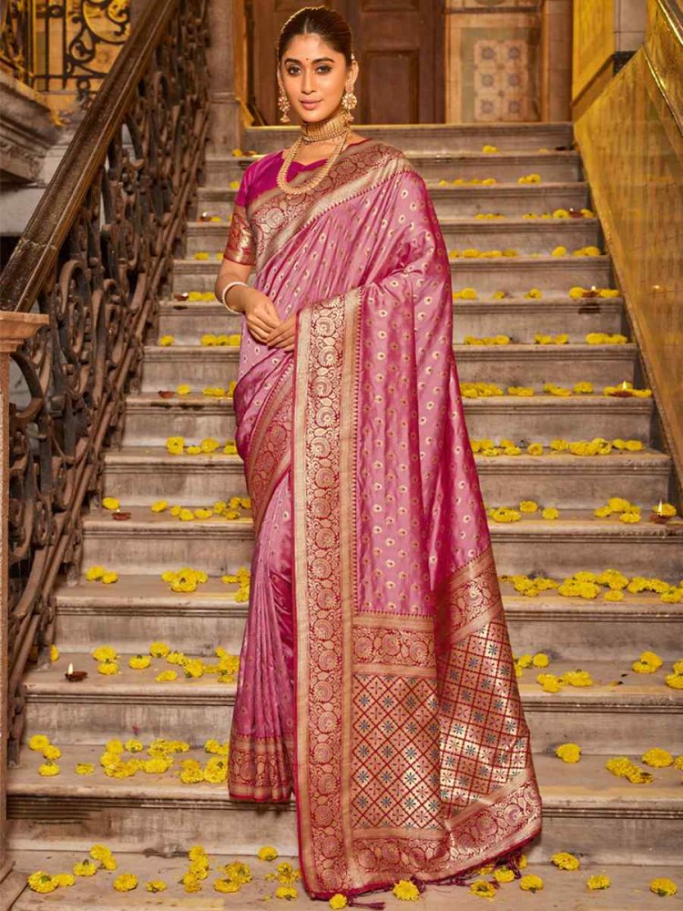 Baby Pink Banarasi Silk Handwoven Wedding Festival Heavy Border Saree