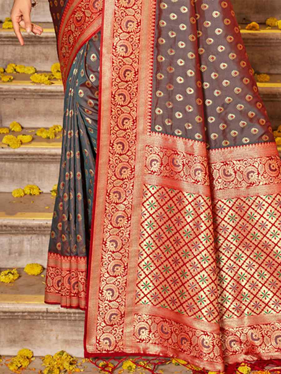 Grey Banarasi Silk Handwoven Wedding Festival Heavy Border Saree