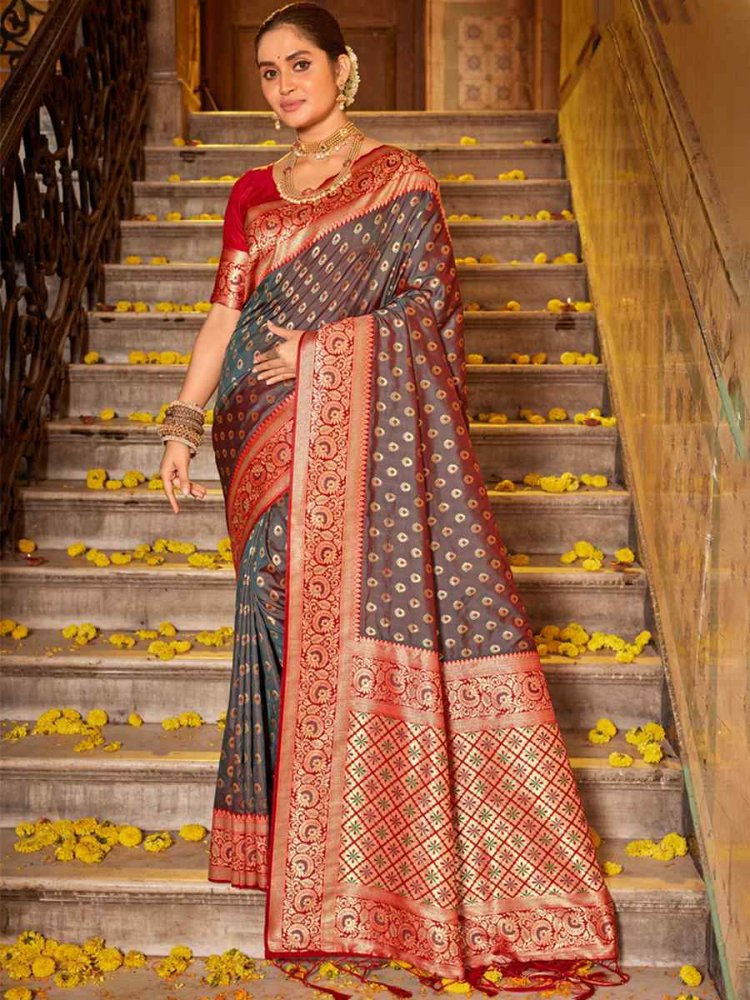 Grey Banarasi Silk Handwoven Wedding Festival Heavy Border Saree