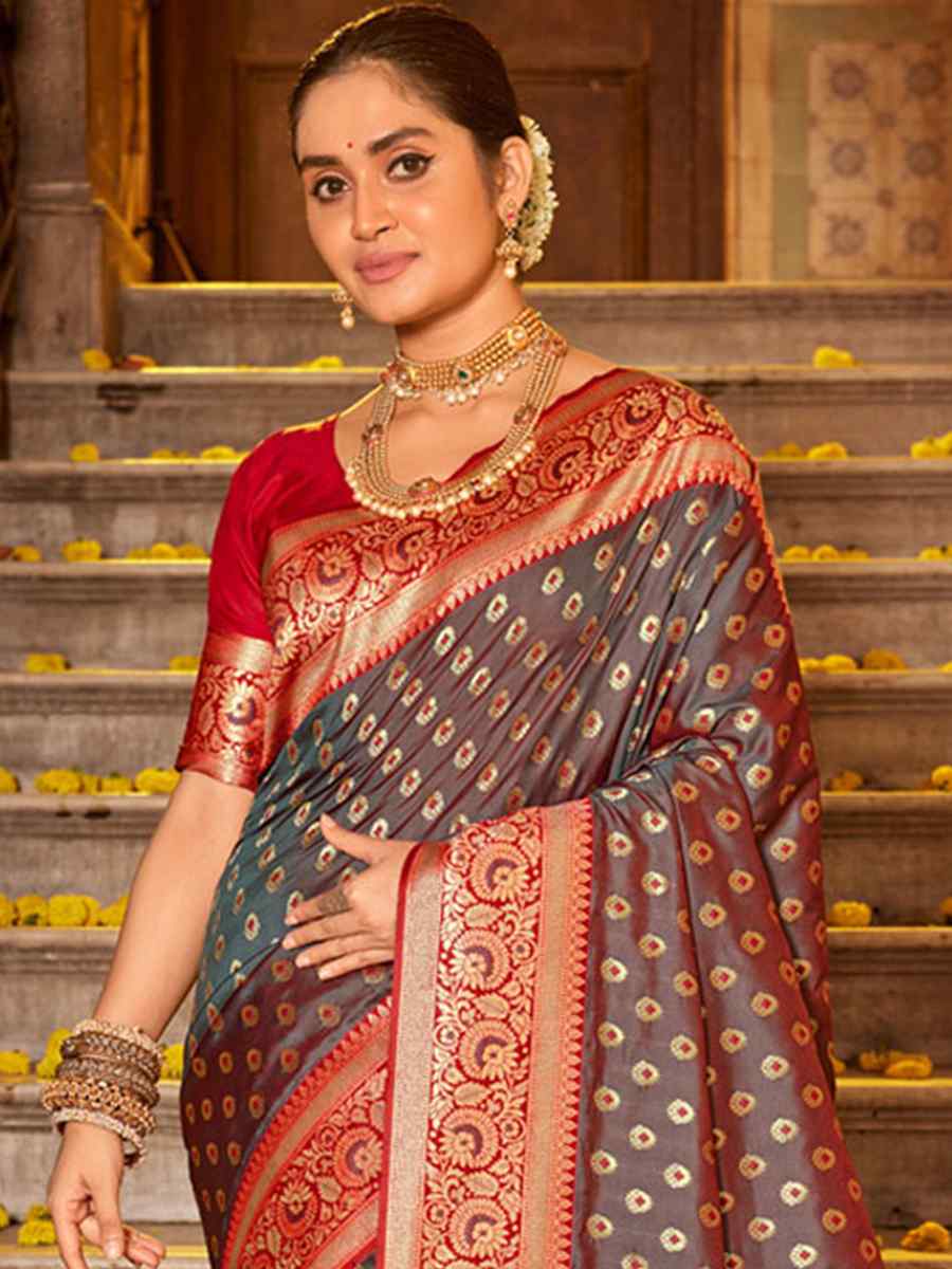 Grey Banarasi Silk Handwoven Wedding Festival Heavy Border Saree