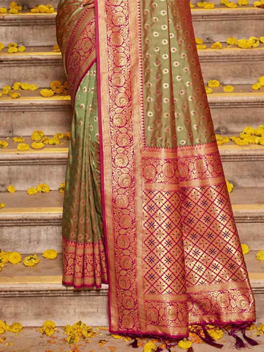 Light Olive Banarasi Silk Handwoven Wedding Festival Heavy Border Saree