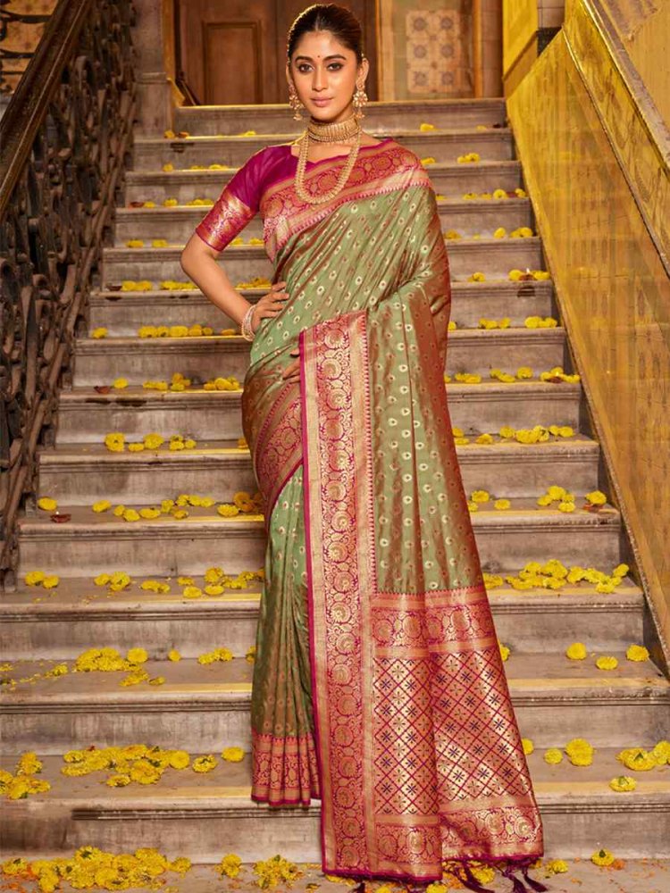 Light Olive Banarasi Silk Handwoven Wedding Festival Heavy Border Saree