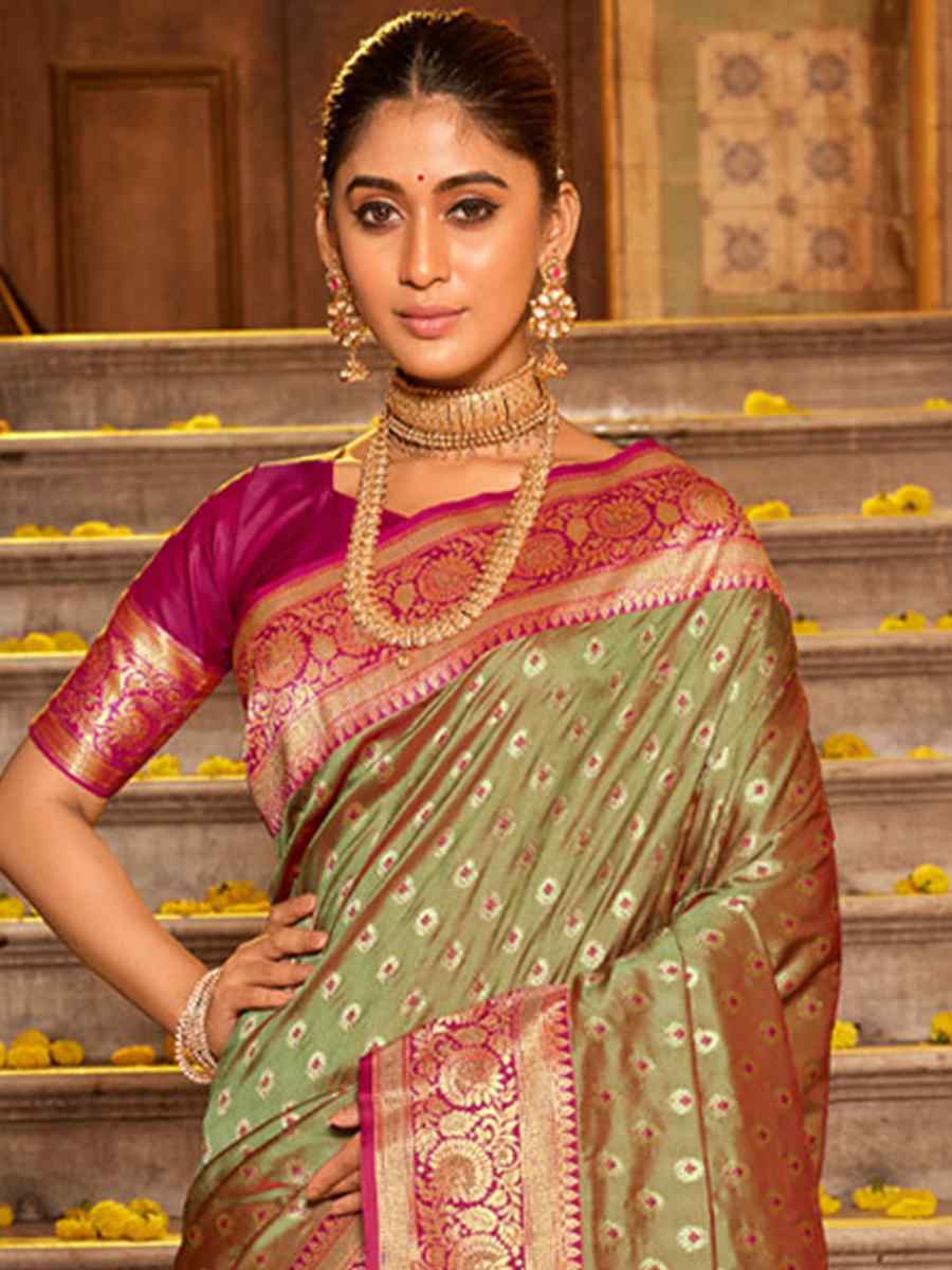 Light Olive Banarasi Silk Handwoven Wedding Festival Heavy Border Saree