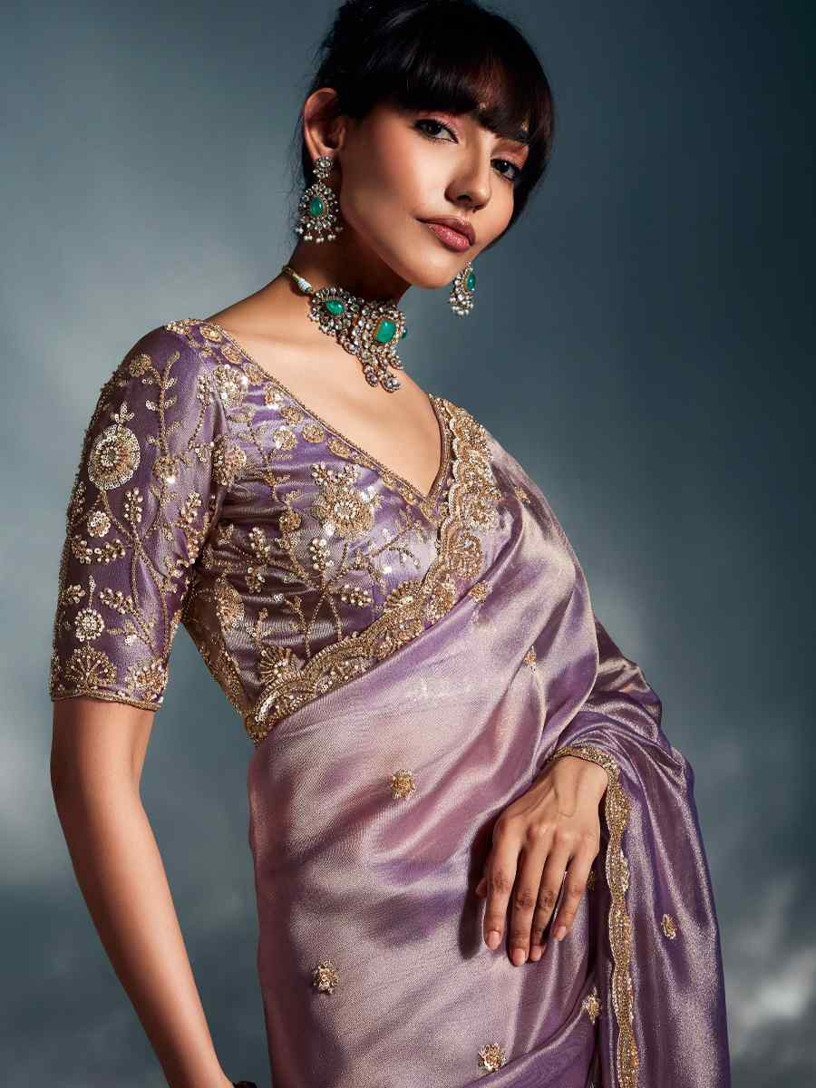 Lavender Tissue Organza Silk Embroidery Bridal Cocktail Party Reception Wedding Wear Heavy Border Sarees