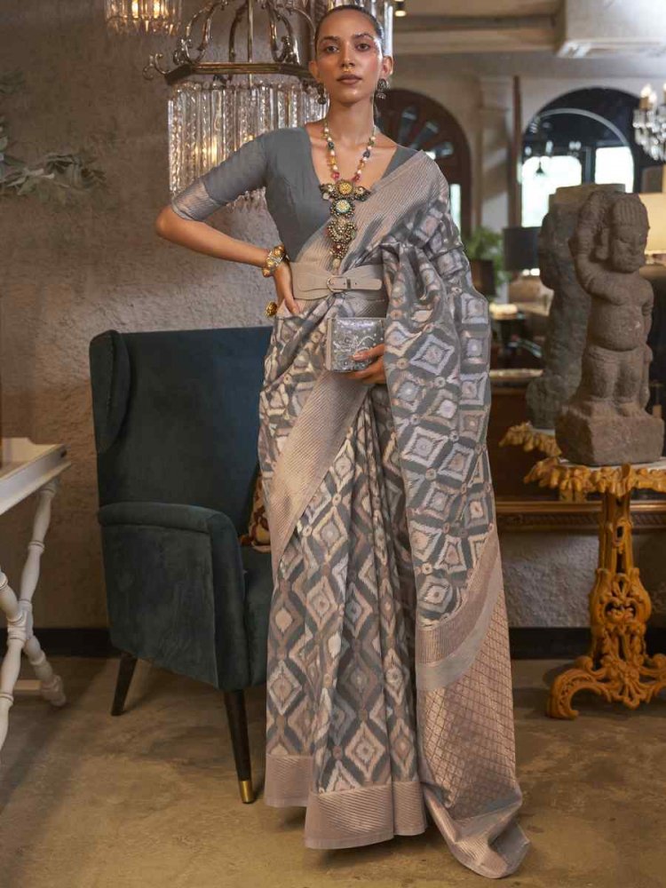 Grey Pure Linen Handwoven Wedding Festival Heavy Border Saree