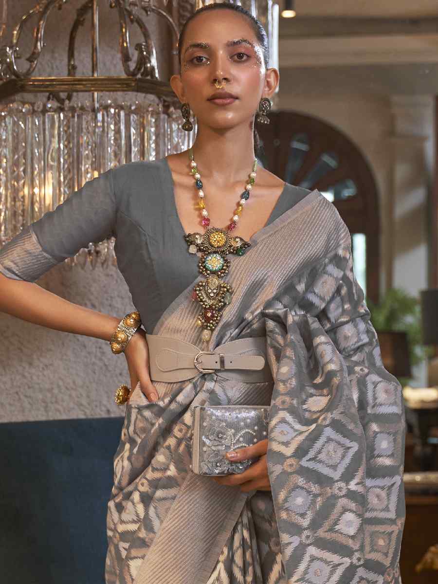 Grey Pure Linen Handwoven Wedding Festival Heavy Border Saree