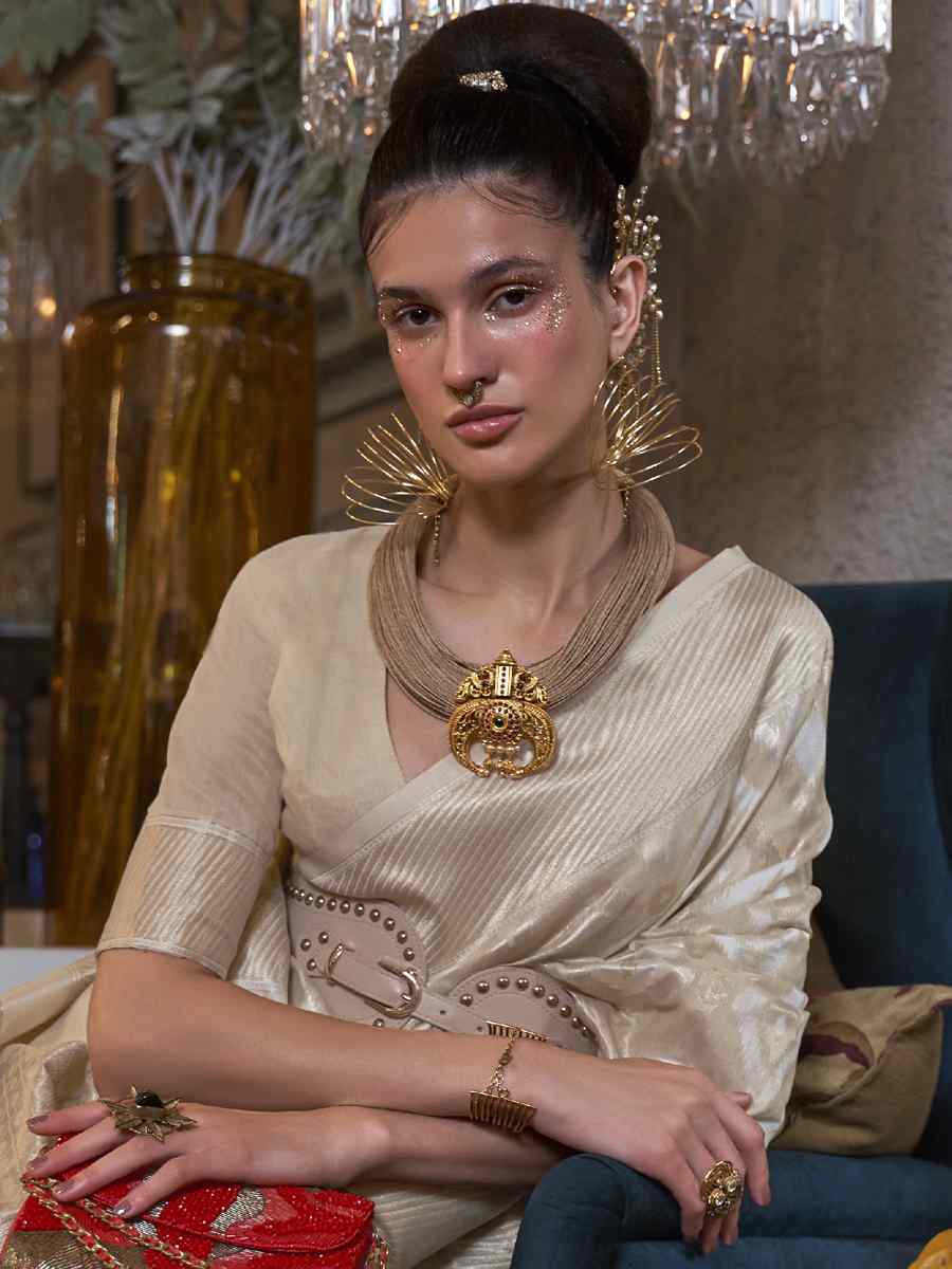 Beige Pure Linen Handwoven Wedding Festival Heavy Border Saree