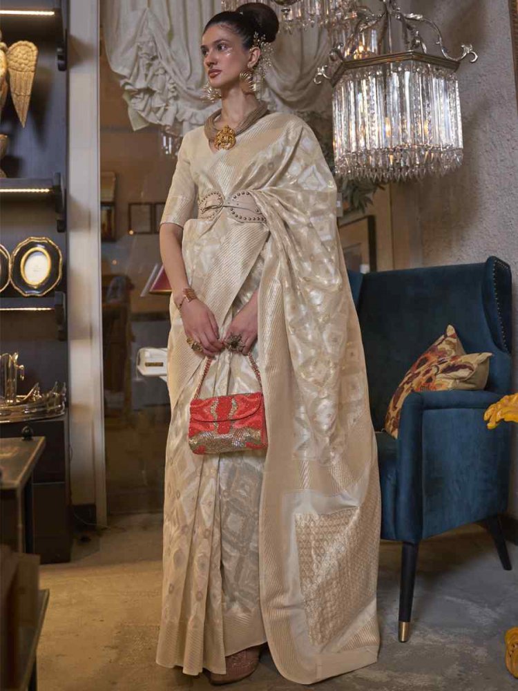 Beige Pure Linen Handwoven Wedding Festival Heavy Border Saree