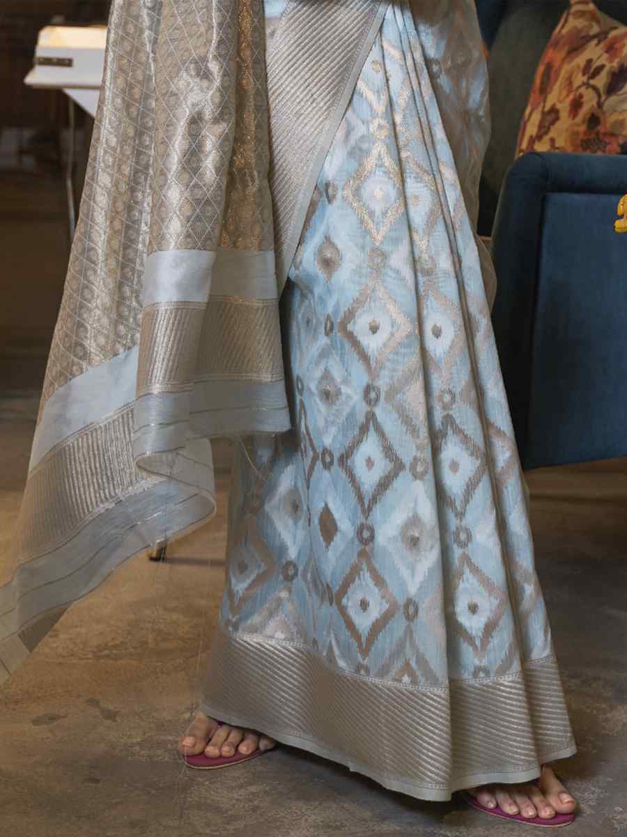 Sea Blue Pure Linen Handwoven Wedding Festival Heavy Border Saree