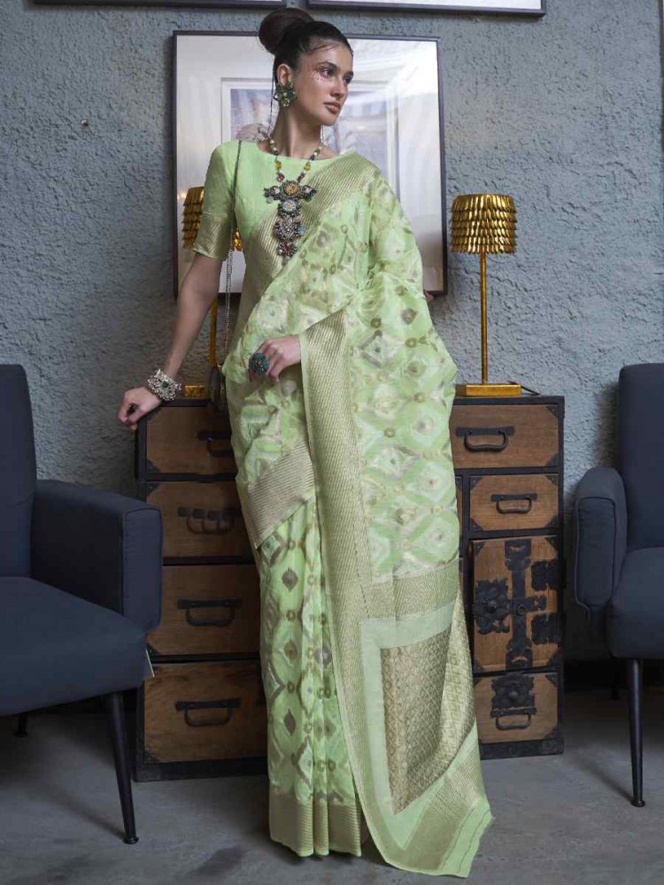 Pista Pure Linen Handwoven Wedding Festival Heavy Border Saree