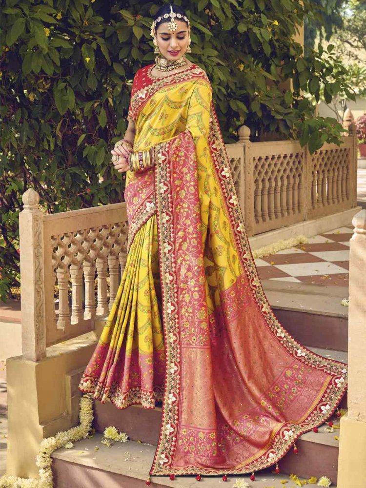Yellow Patna Patola Pure Silk Embroidered Wedding Festival Heavy Border Saree