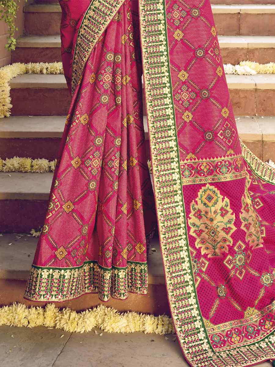 Pink Bandhej Patola Pure Silk Embroidered Wedding Festival Heavy Border Saree