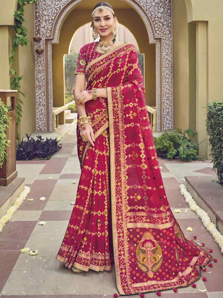 Rani Pink Pure Georgette Viscose Embroidered Wedding Festival Heavy Border Saree