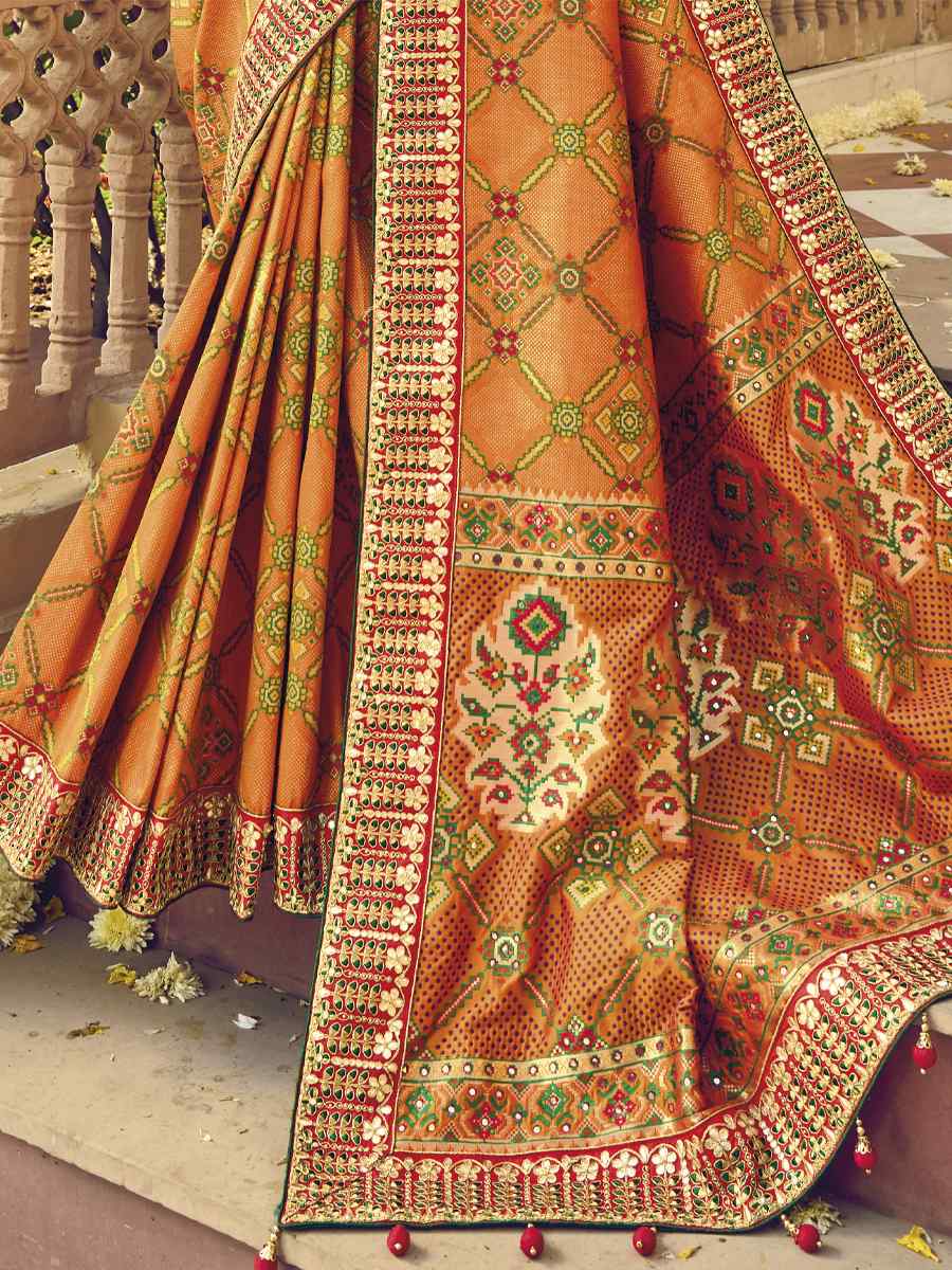 Mustard Bandhej Patola Pure Silk Embroidered Wedding Festival Heavy Border Saree