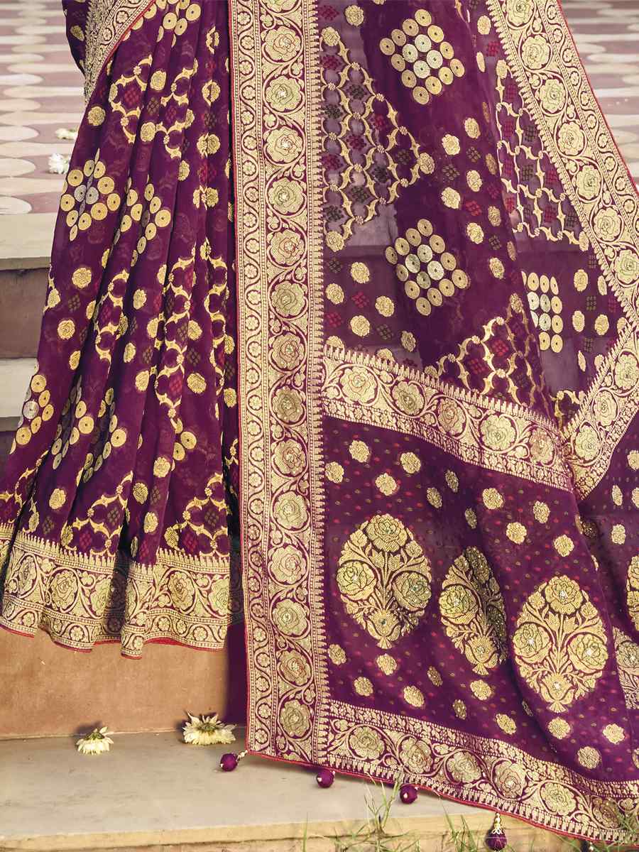 Purple Pure Georgette Viscose Embroidered Wedding Festival Heavy Border Saree