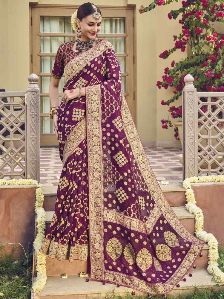 Purple Pure Georgette Viscose Embroidered Wedding Festival Heavy Border Saree