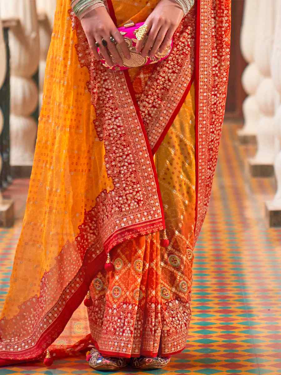 Yellow Super Georgette Handwoven Party Festival Heavy Border Saree