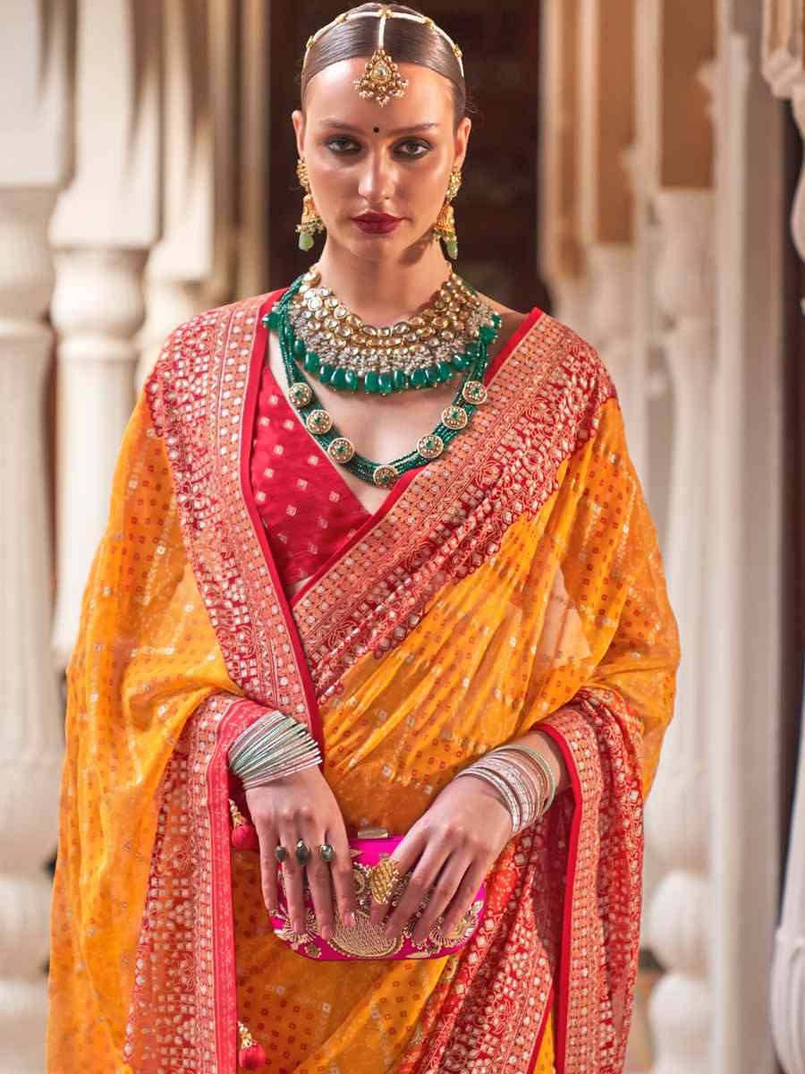 Yellow Super Georgette Handwoven Party Festival Heavy Border Saree