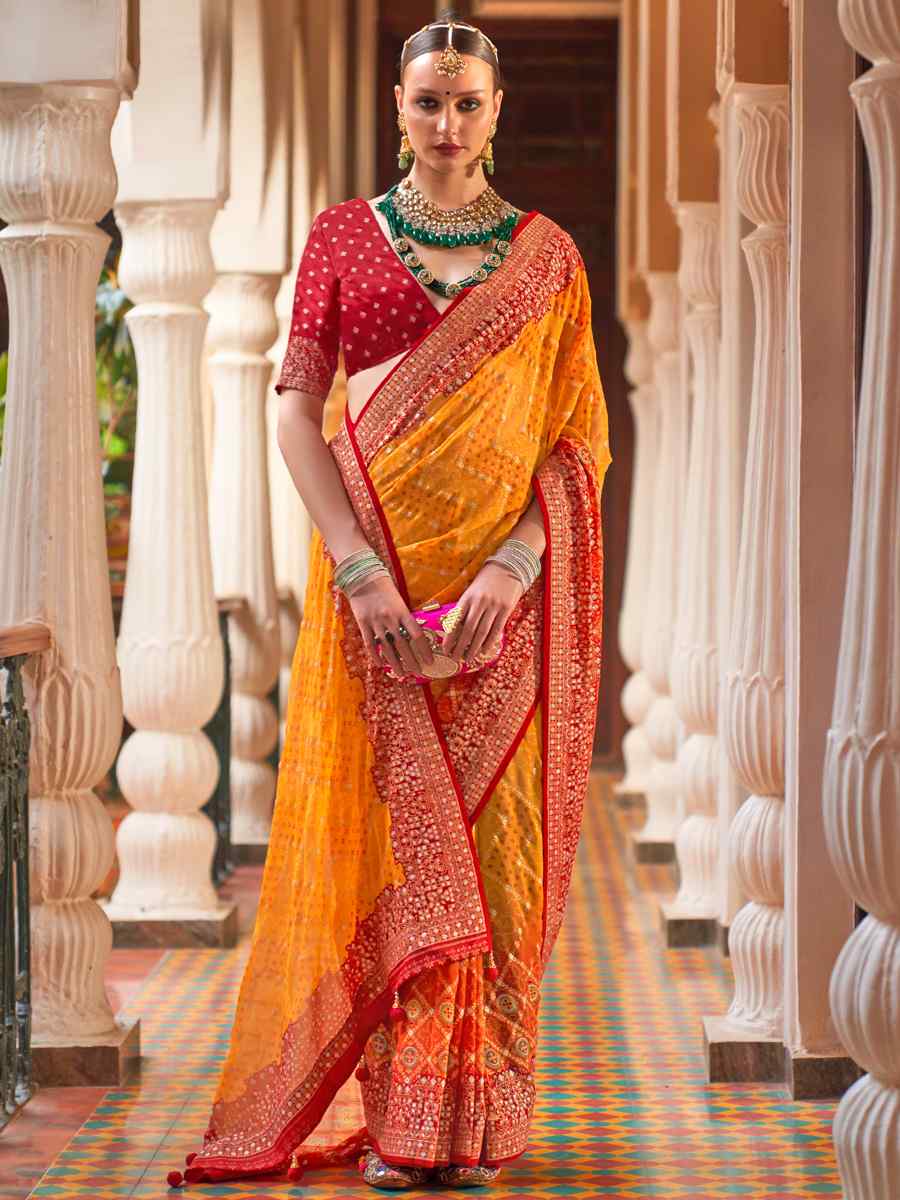 Yellow Super Georgette Handwoven Party Festival Heavy Border Saree