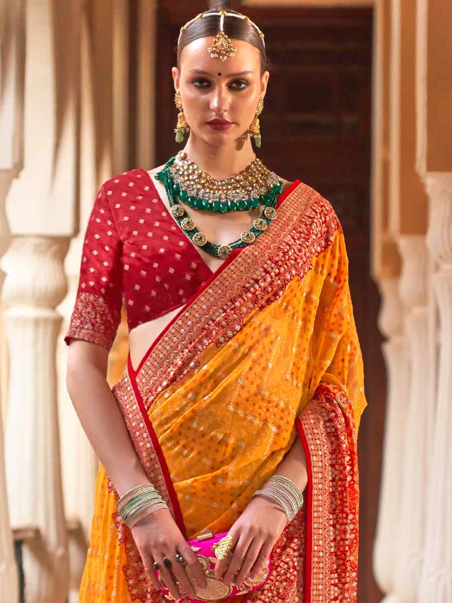 Yellow Super Georgette Handwoven Party Festival Heavy Border Saree